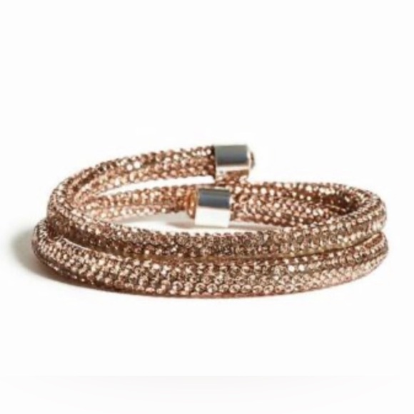 NEW GUESS PINK ROSE GOLD WRAPPED COIL RHINESTONE+SILVER TONE TIPS CUFF BRACELET - Picture 1 of 4